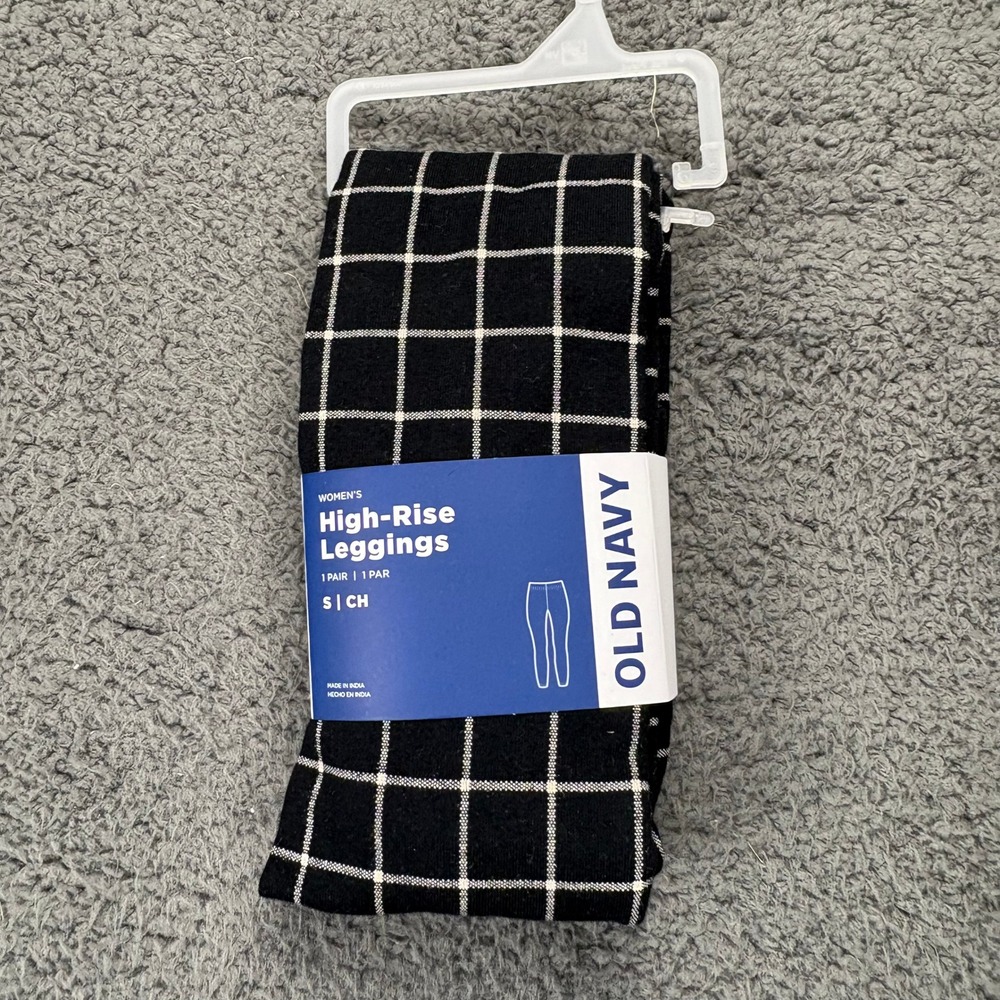 Old Navy High-Rise Leggings Black White Grid Plaid Checkered Stretch Small‎